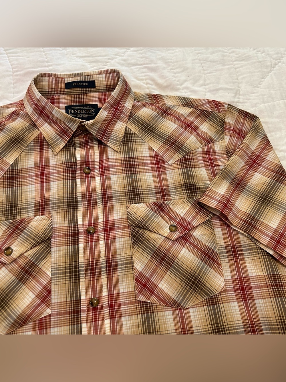 Pendleton Pearl Snap Frontier Shirt Mens M Brown & Burgundy Plaid Short Sleeve